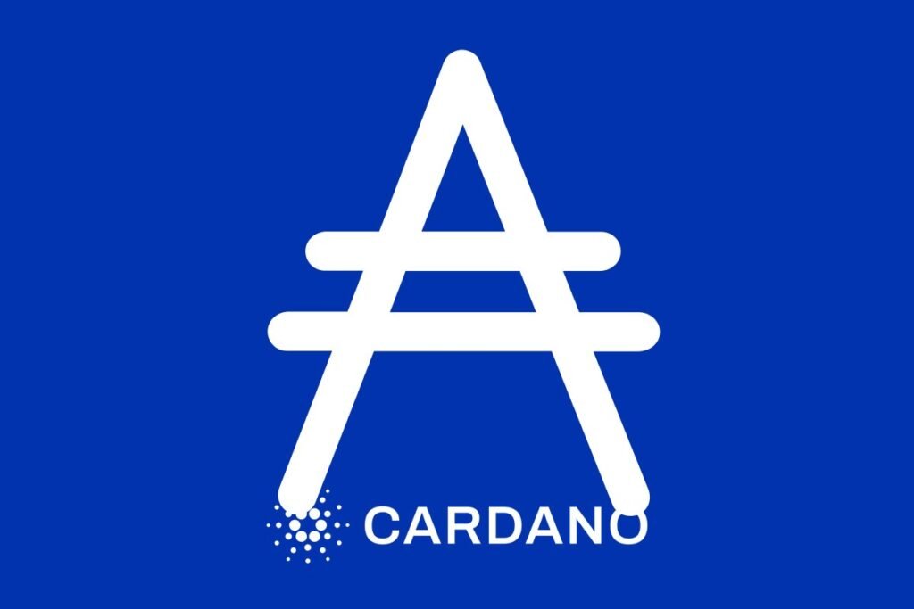 Cardano ADA symbol and wordmark on blue background