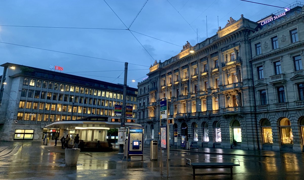 Credit Suisse and UBS buildings at Paradeplatz in Zurich, Switzerland at dusk