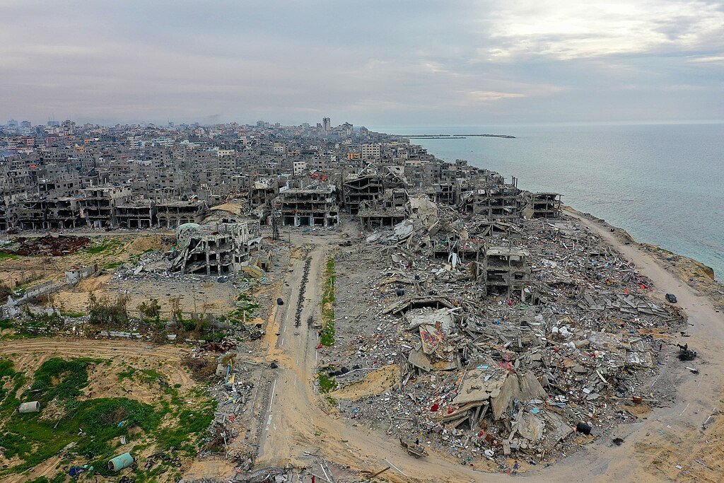 Aerial view of destroyed buildings in Beach refugee camp along the Gaza coast